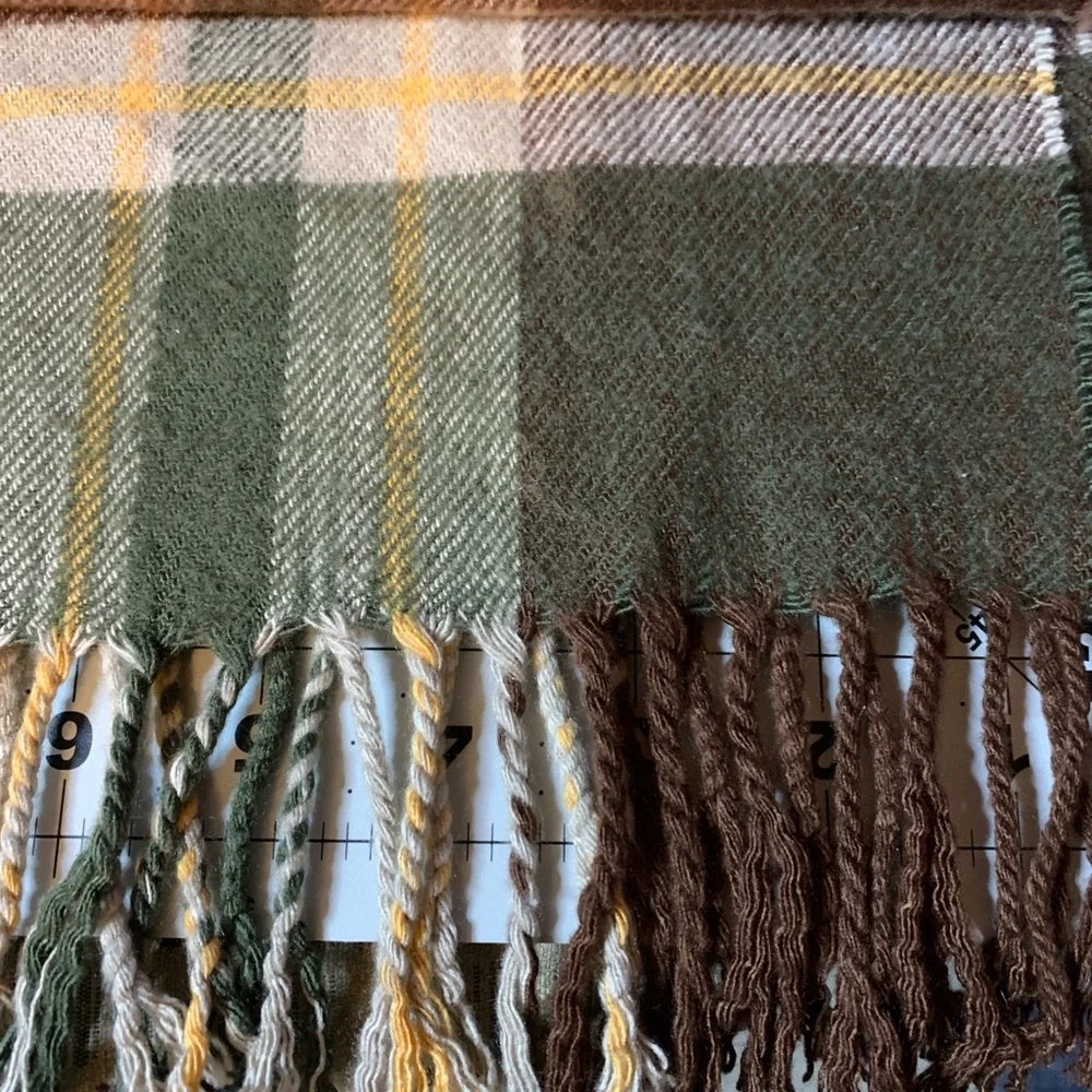 66 x 12 100% Cashmere Plaid Fringe Scarf in Green and Brown
